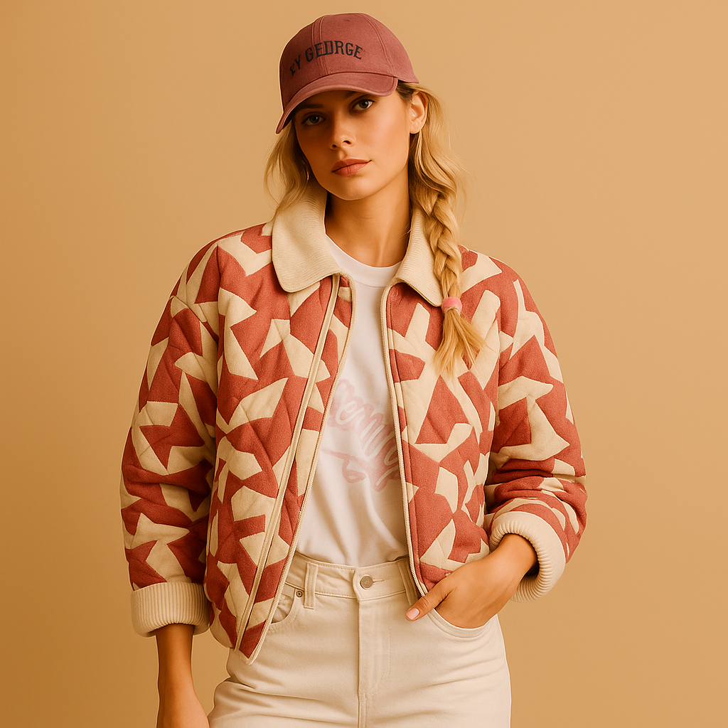 Cotton coat for women with slim fit, button details, and eye-catching prints, available in multicolor, pink beige, and pink blue.