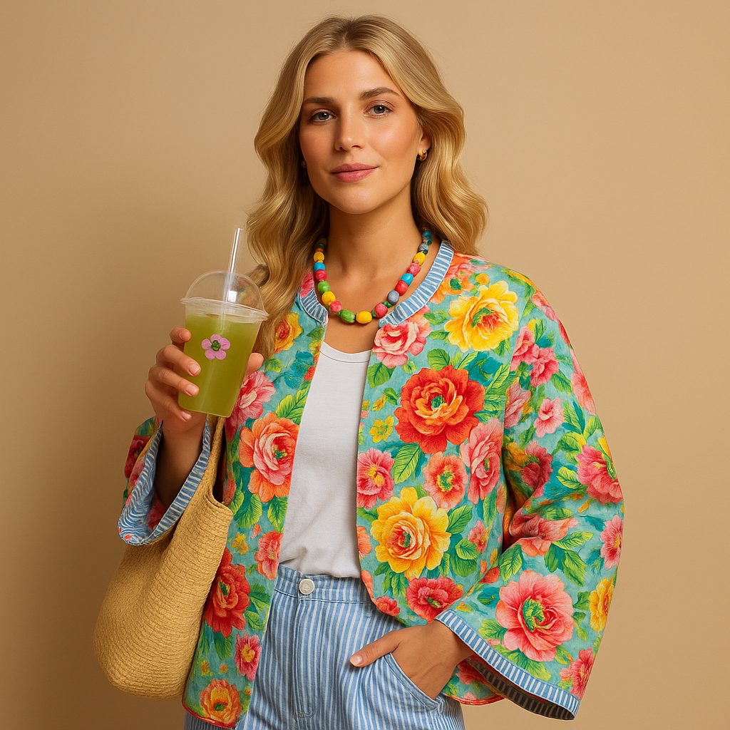 Cotton coat for women with slim fit, button details, and eye-catching prints, available in multicolor, pink beige, and pink blue.