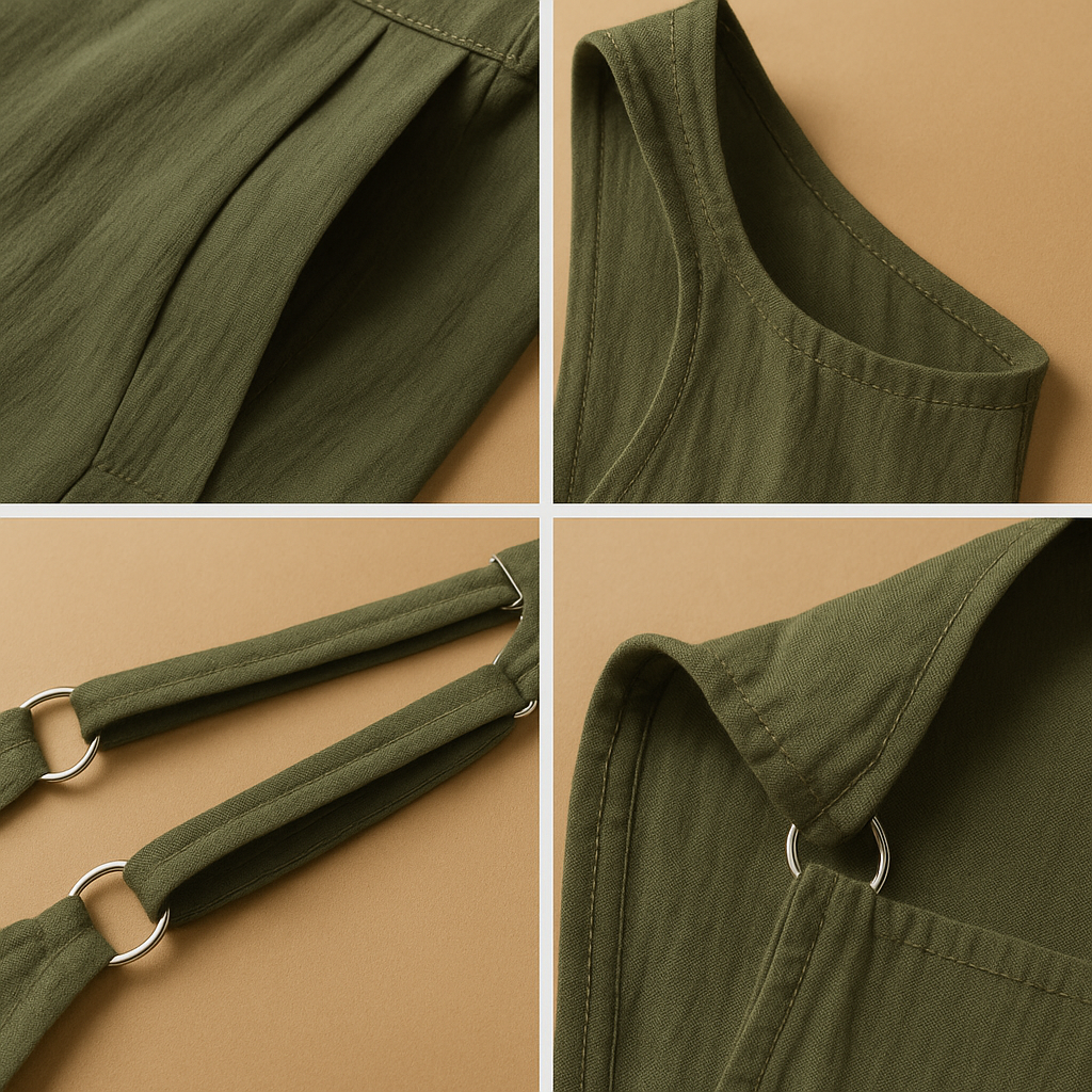 Women’s cotton linen summer jumpsuit with wide legs and loose fit, available in black & white, green & black, and dark blue & white.