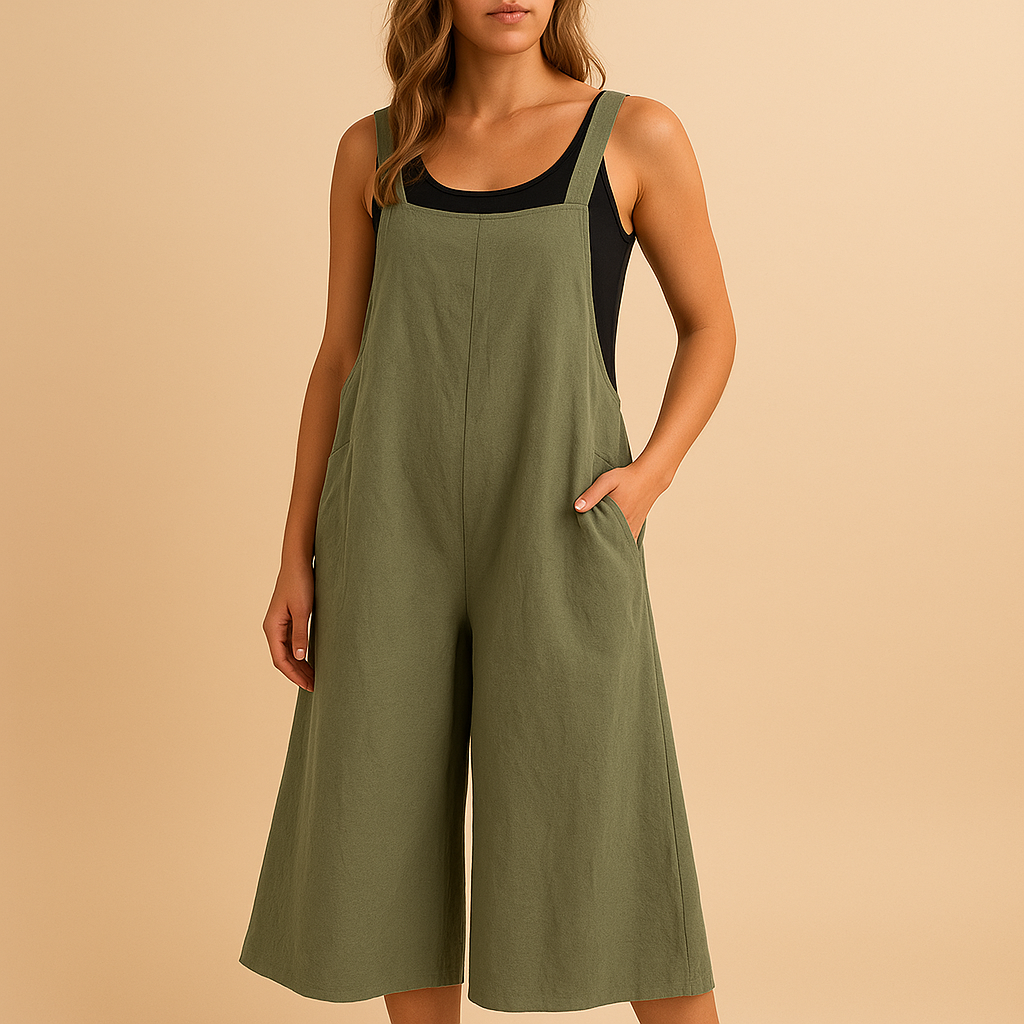 Women’s cotton linen summer jumpsuit with wide legs and loose fit, available in black & white, green & black, and dark blue & white.