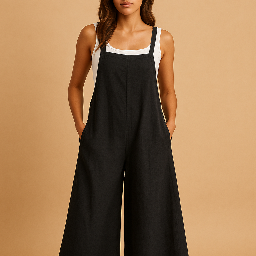 Women’s cotton linen summer jumpsuit with wide legs and loose fit, available in black & white, green & black, and dark blue & white.