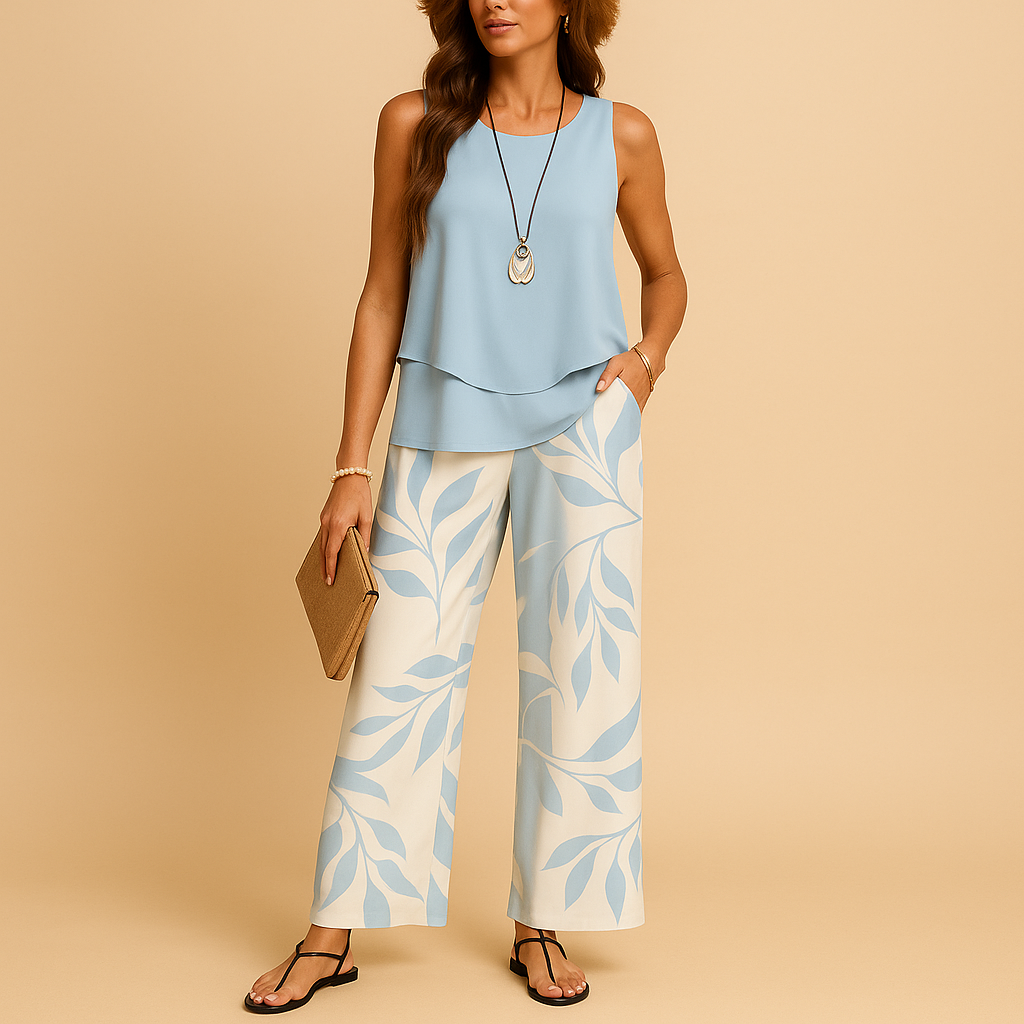 Sleeveless cotton top and trouser set for women in light blue, khaki, blue, lightweight and elegant for summer wear.