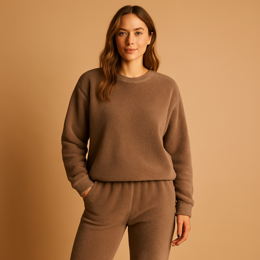 Cozy pajama set for women with long-sleeve sweater and matching pants, made from warm breathable fabric, available in pink, red, brown, and grey.