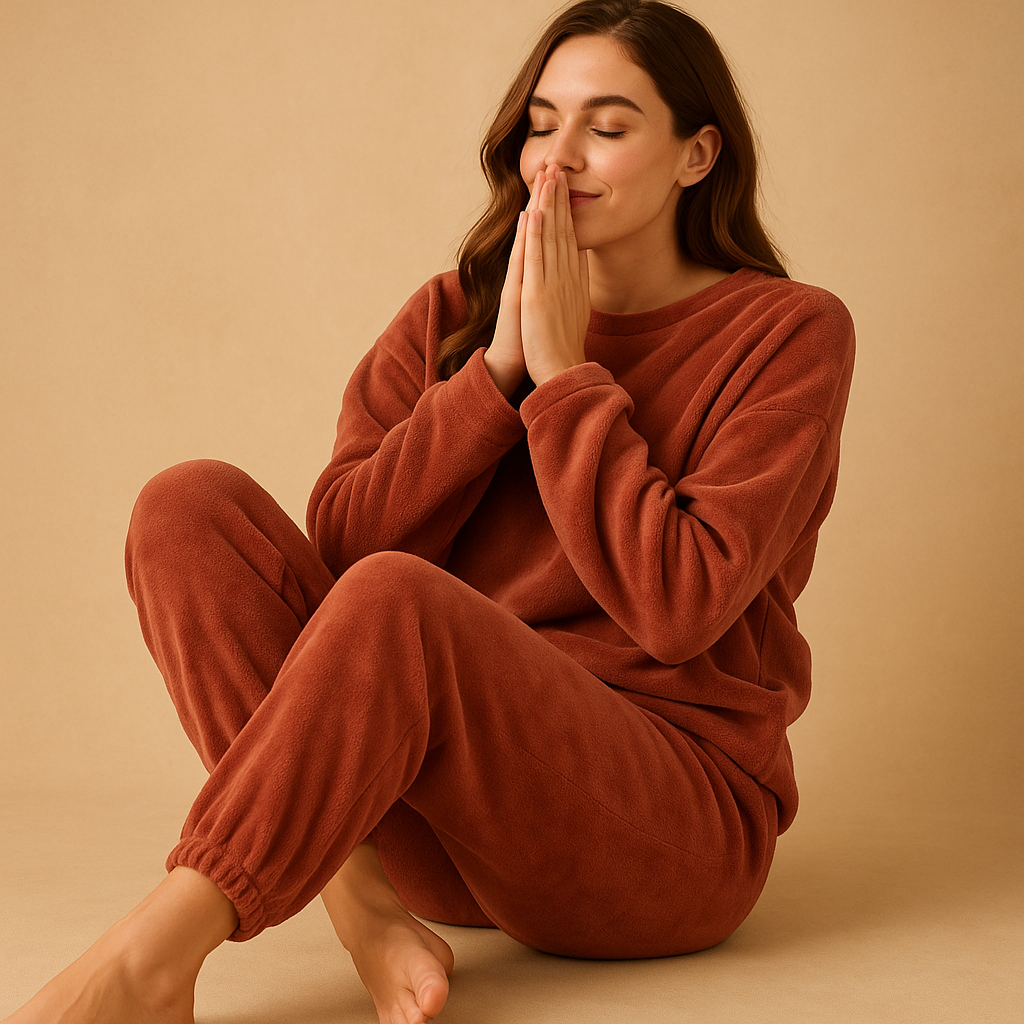 Cozy pajama set for women with long-sleeve sweater and matching pants, made from warm breathable fabric, available in pink, red, brown, and grey.