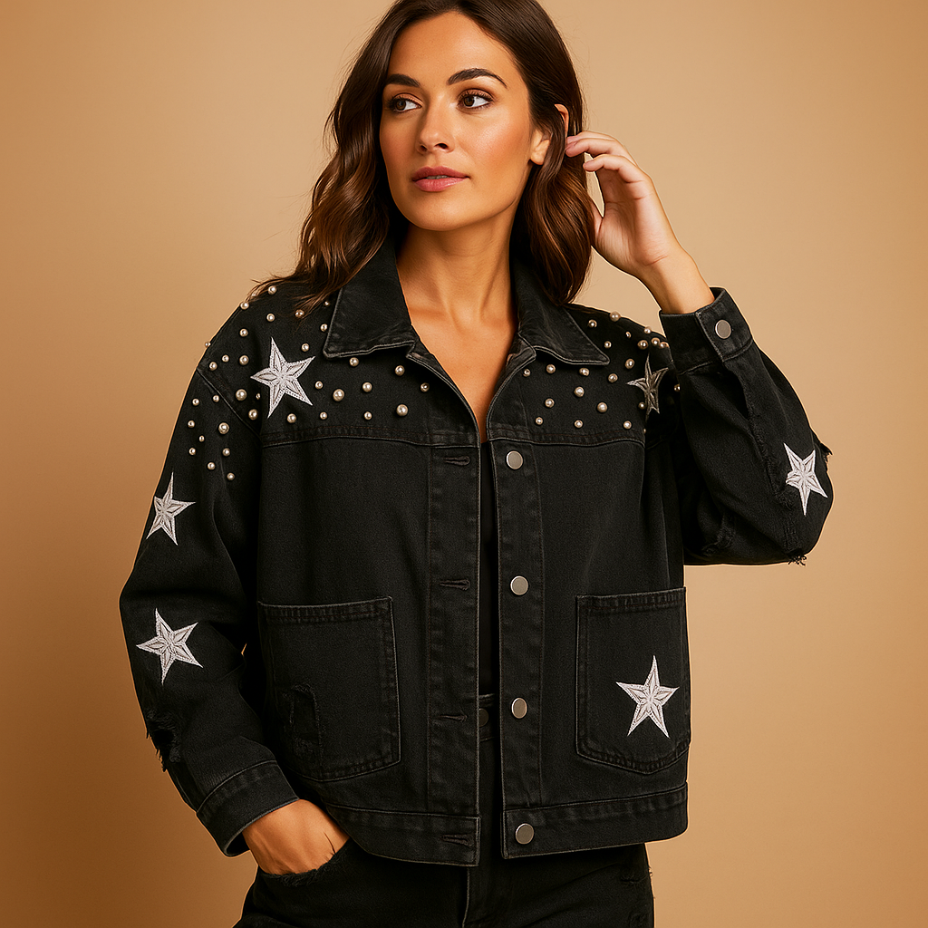 Cropped denim jacket for women with relaxed fit, button closure, and front pockets, available in black and blue for versatile everyday style.