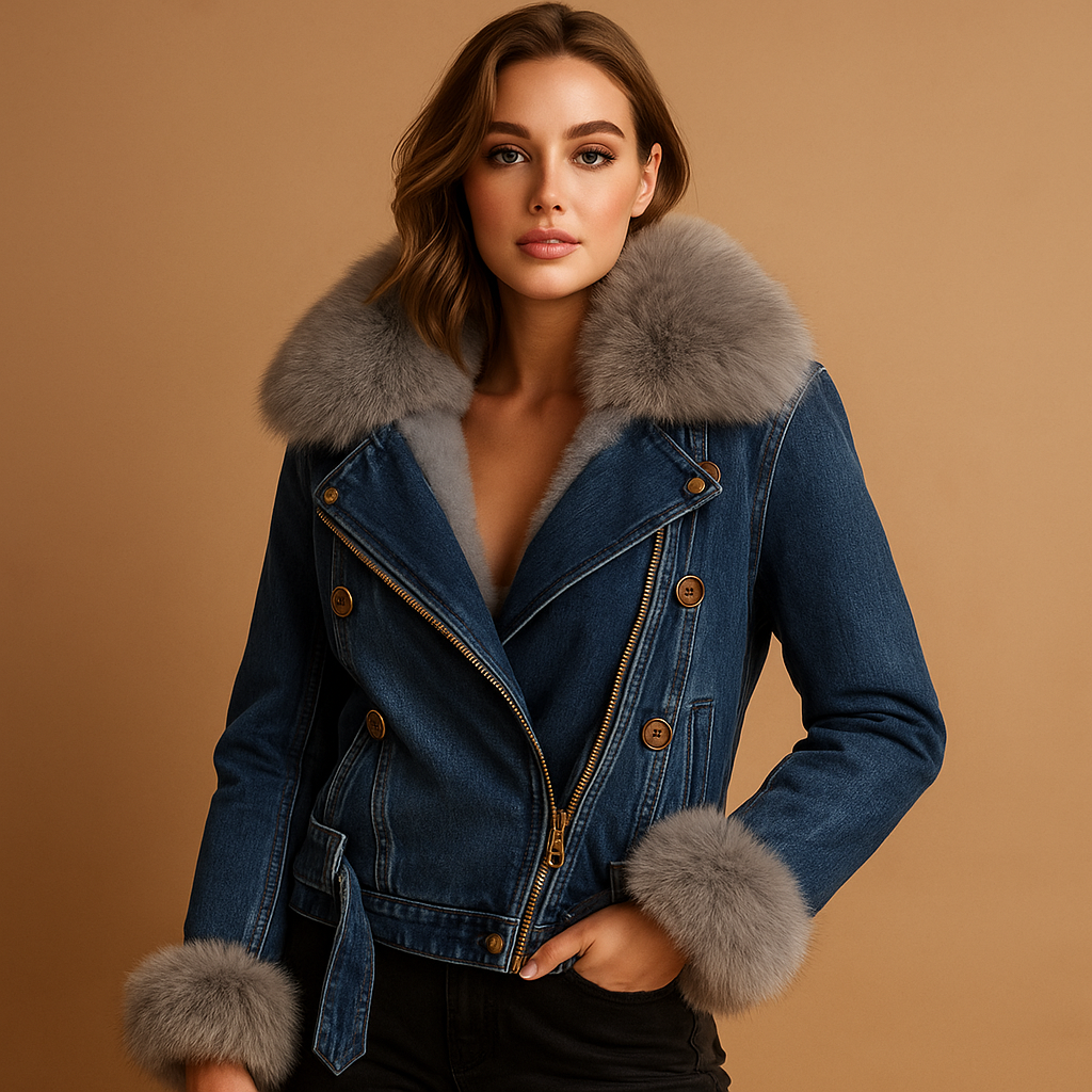 Women’s cropped denim winter jacket with soft faux fur lining, modern silhouette, and durable design. Perfect for everyday cold-weather outfits.