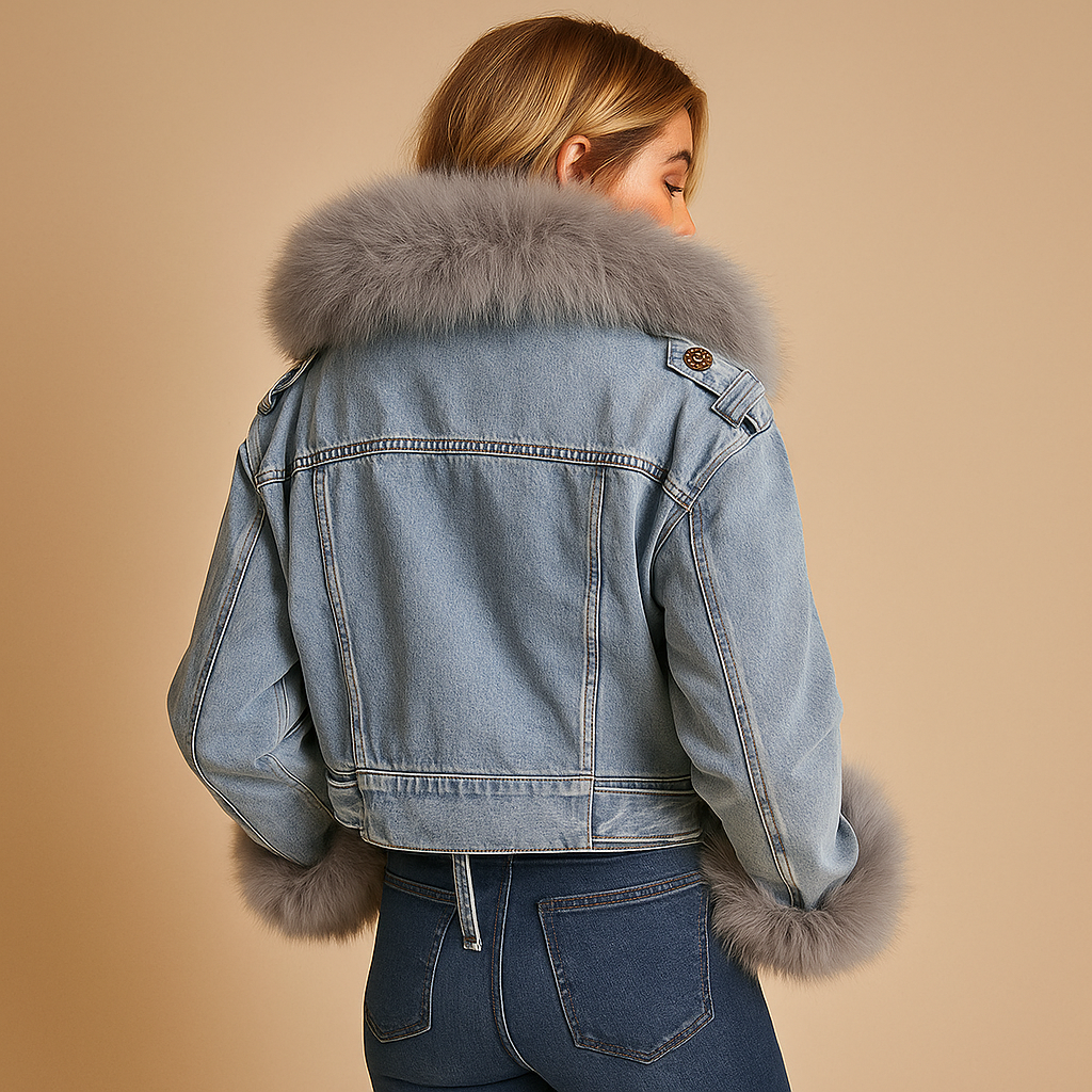 Women’s cropped denim winter jacket with soft faux fur lining, modern silhouette, and durable design. Perfect for everyday cold-weather outfits.