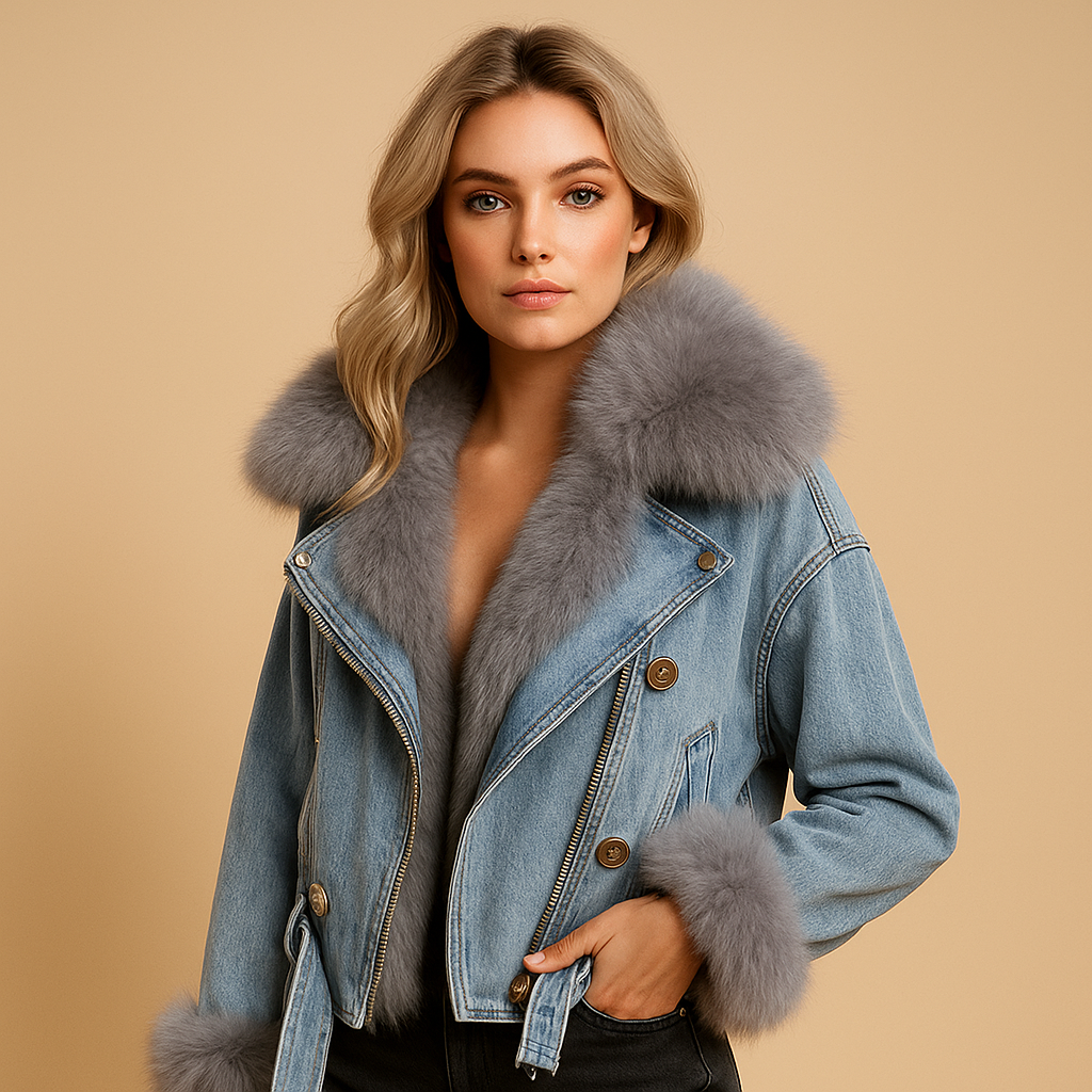 Women’s cropped denim winter jacket with soft faux fur lining, modern silhouette, and durable design. Perfect for everyday cold-weather outfits.