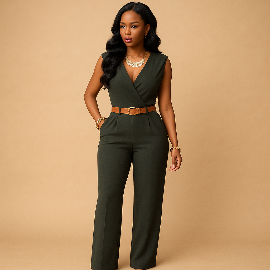 Women’s elegant deep V-neck jumpsuit with high waist and flowy fabric. Perfect outfit for parties, nights out, or special occasions in multiple colors.