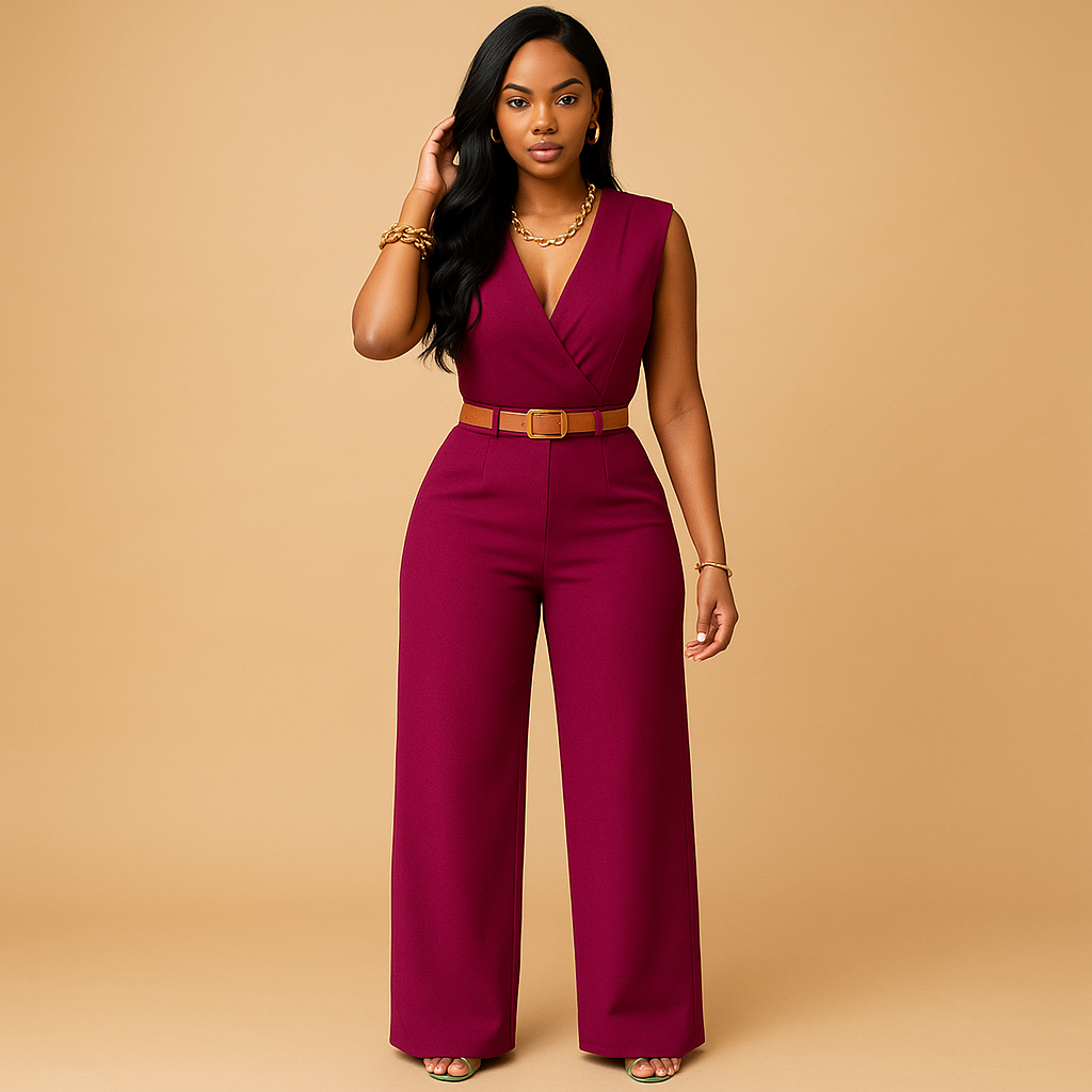 Women’s elegant deep V-neck jumpsuit with high waist and flowy fabric. Perfect outfit for parties, nights out, or special occasions in multiple colors.