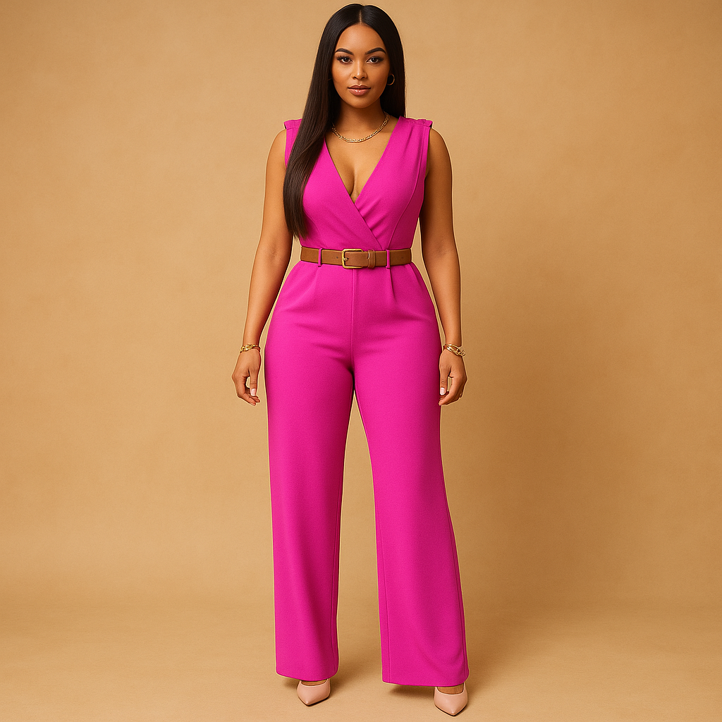 Women’s elegant deep V-neck jumpsuit with high waist and flowy fabric. Perfect outfit for parties, nights out, or special occasions in multiple colors.