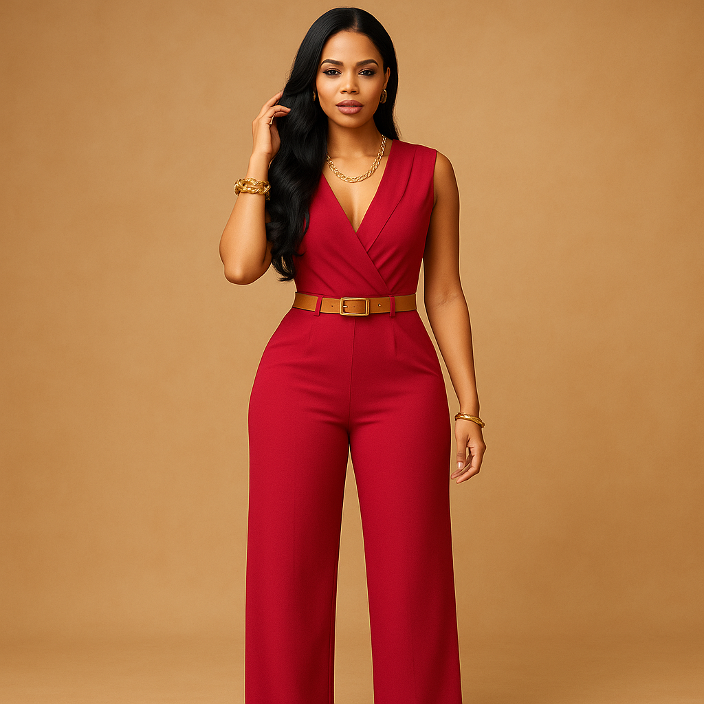 Women’s elegant deep V-neck jumpsuit with high waist and flowy fabric. Perfect outfit for parties, nights out, or special occasions in multiple colors.