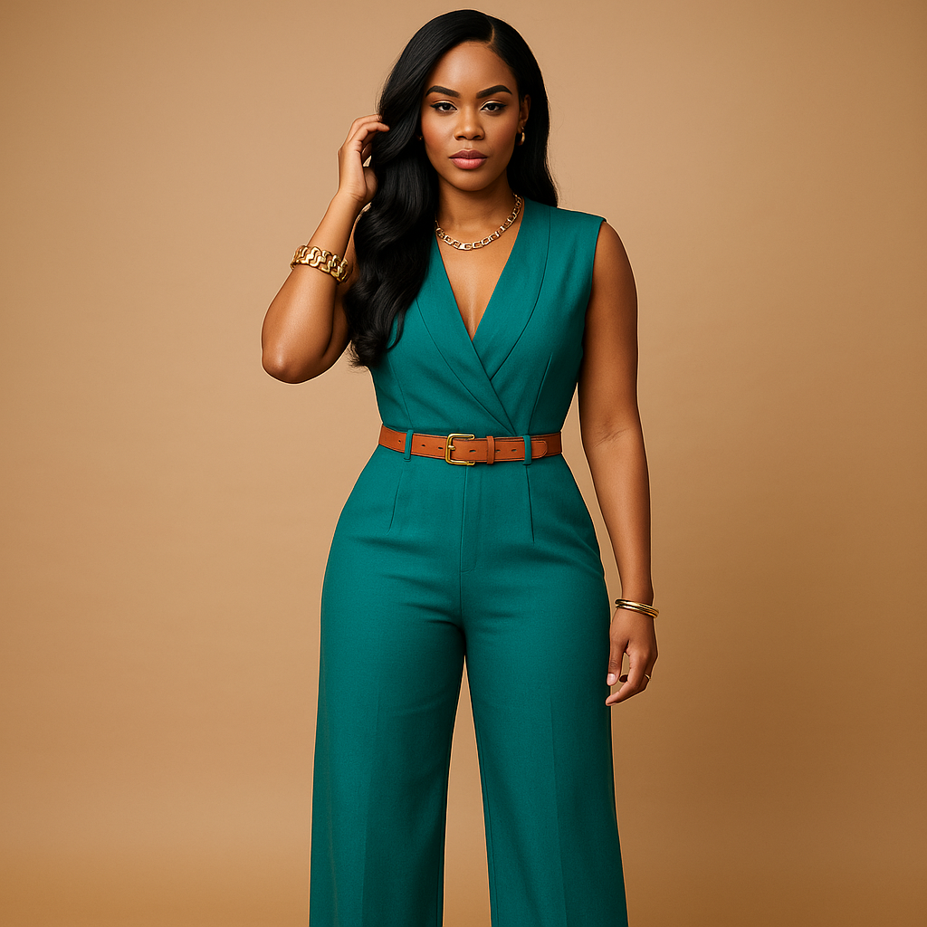 Women’s elegant deep V-neck jumpsuit with high waist and flowy fabric. Perfect outfit for parties, nights out, or special occasions in multiple colors.