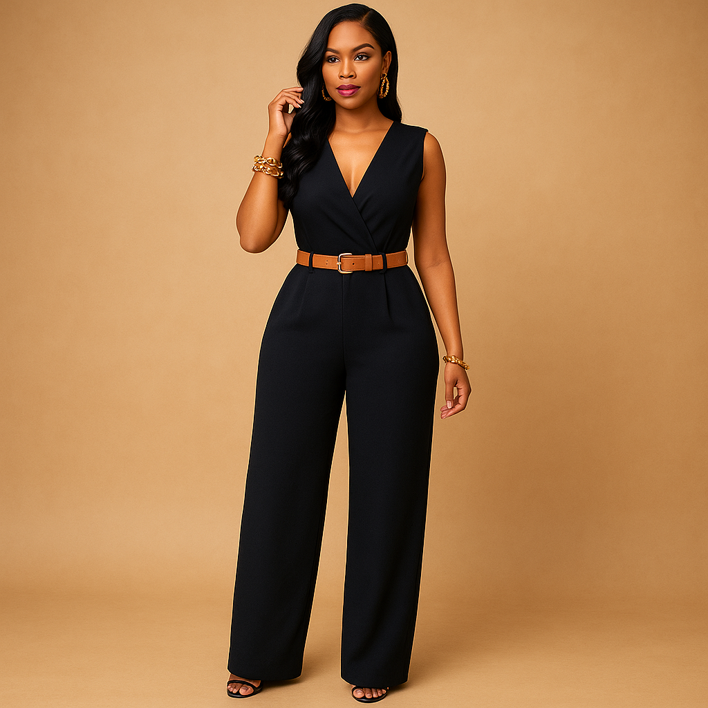 Women’s elegant deep V-neck jumpsuit with high waist and flowy fabric. Perfect outfit for parties, nights out, or special occasions in multiple colors.