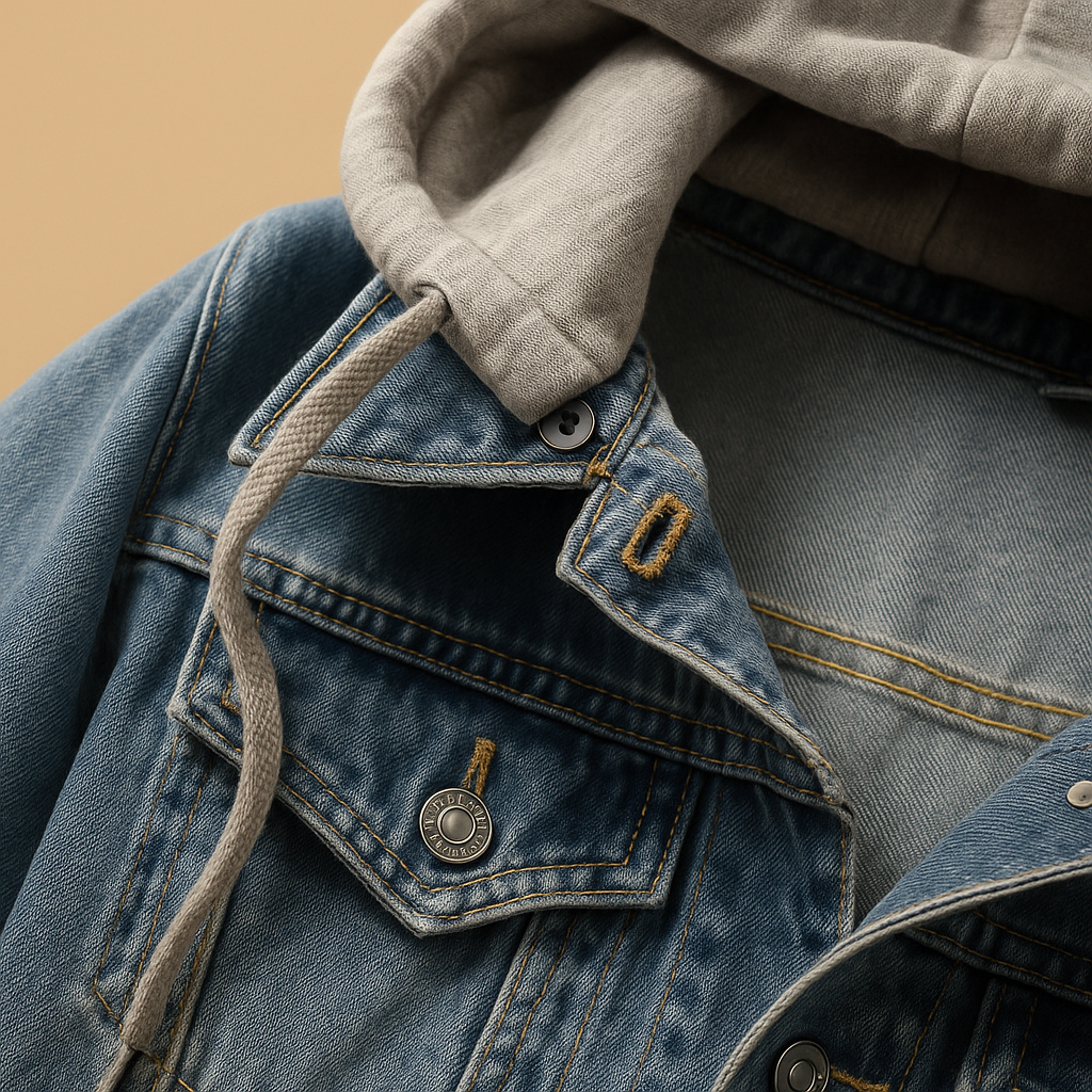 Denim jacket with hood for women, lightweight and breathable, with classic style and front pockets, available in light blue and dark blue.