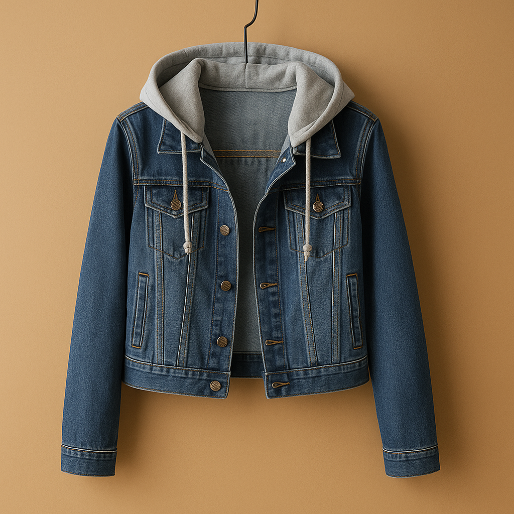 Denim jacket with hood for women, lightweight and breathable, with classic style and front pockets, available in light blue and dark blue.