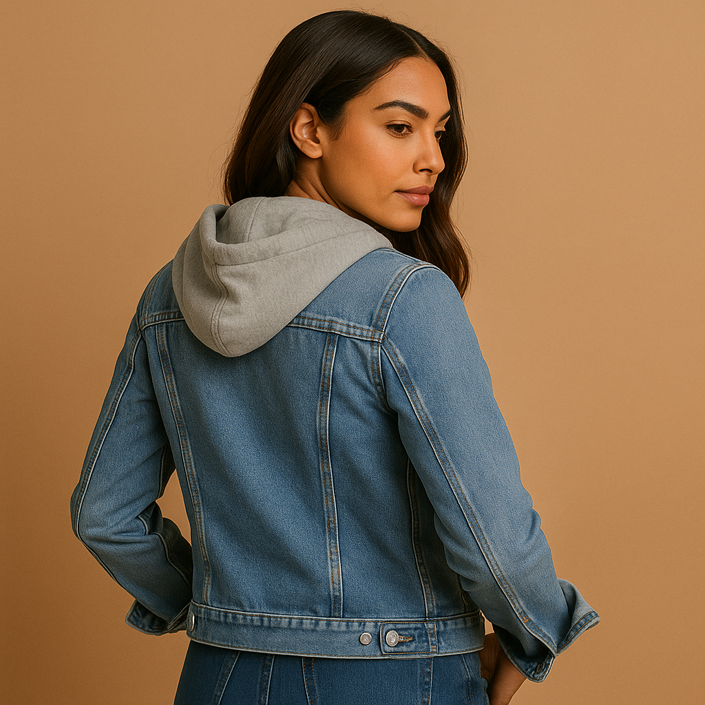 Denim jacket with hood for women, lightweight and breathable, with classic style and front pockets, available in light blue and dark blue.