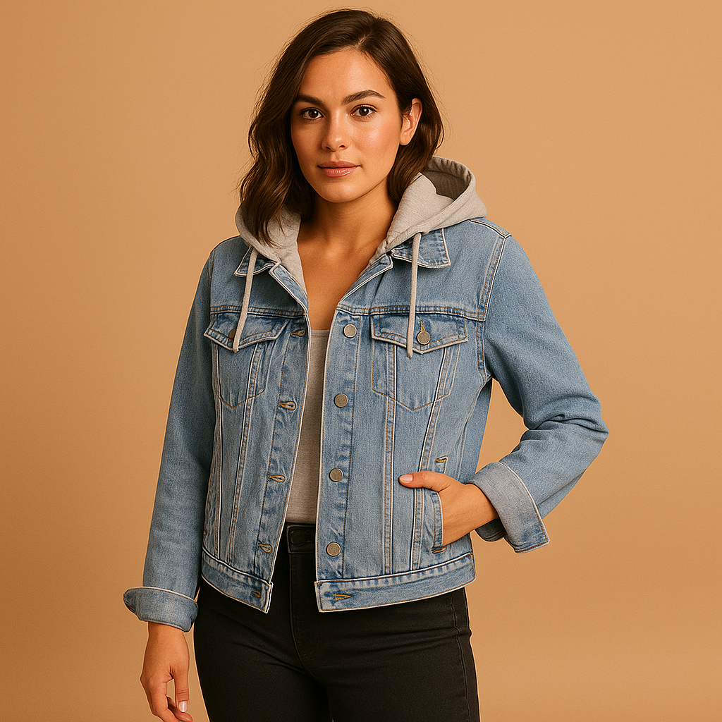 Denim jacket with hood for women, lightweight and breathable, with classic style and front pockets, available in light blue and dark blue.