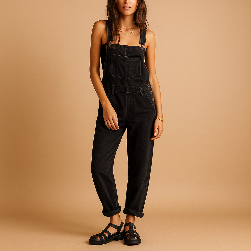 Women’s denim overall with relaxed fit and adjustable straps, available in dark blue, light blue, black, and white. Perfect for casual year-round wear.