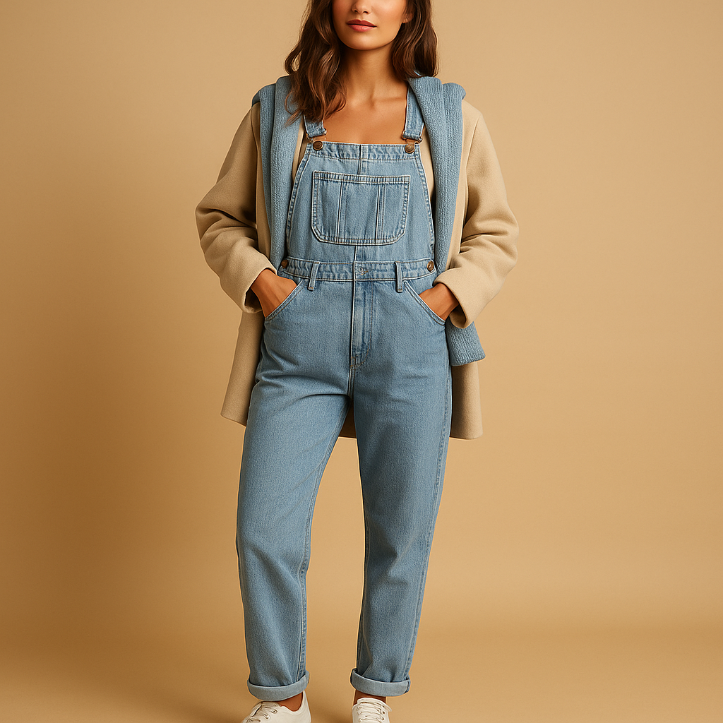 Women’s denim overall with relaxed fit and adjustable straps, available in dark blue, light blue, black, and white. Perfect for casual year-round wear.