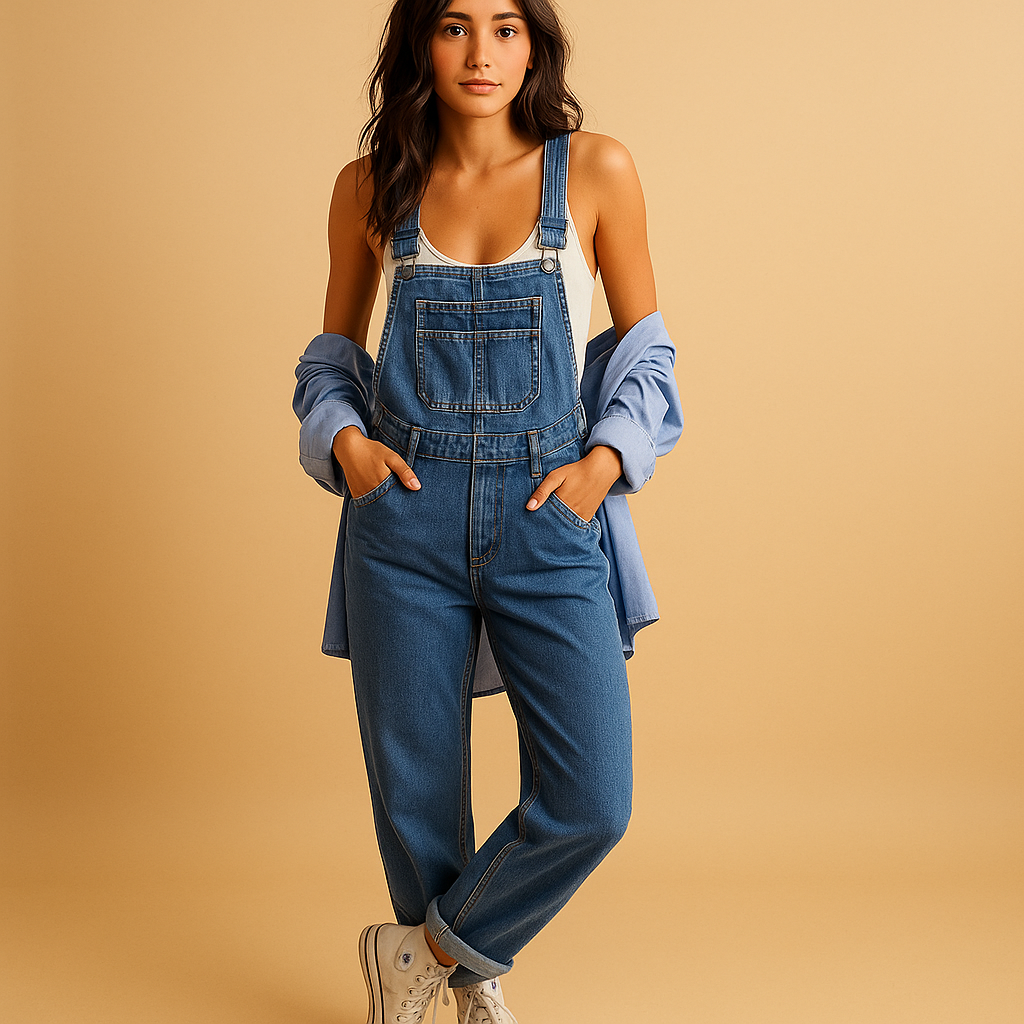 Women’s denim overall with relaxed fit and adjustable straps, available in dark blue, light blue, black, and white. Perfect for casual year-round wear.