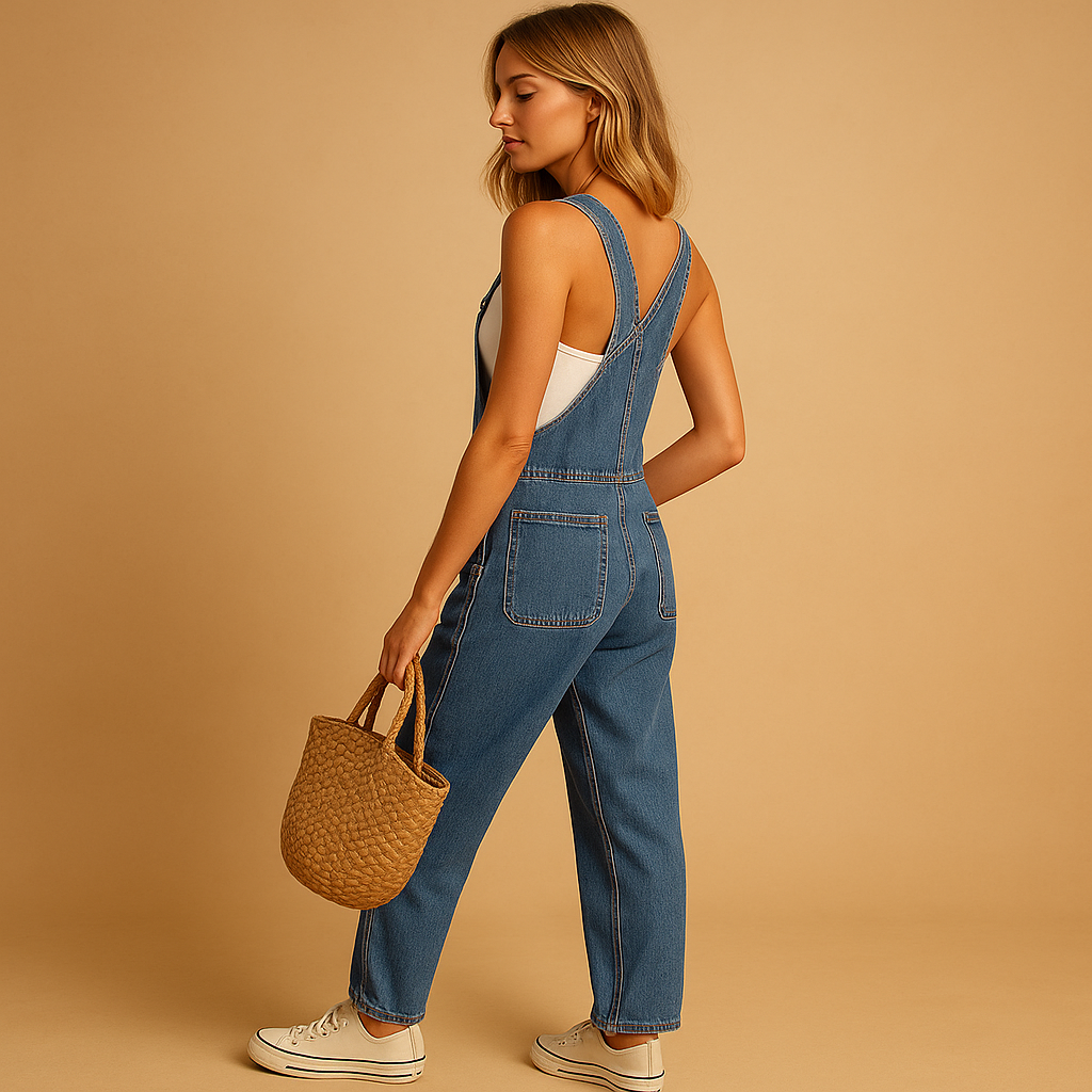 Women’s denim overall with relaxed fit and adjustable straps, available in dark blue, light blue, black, and white. Perfect for casual year-round wear.