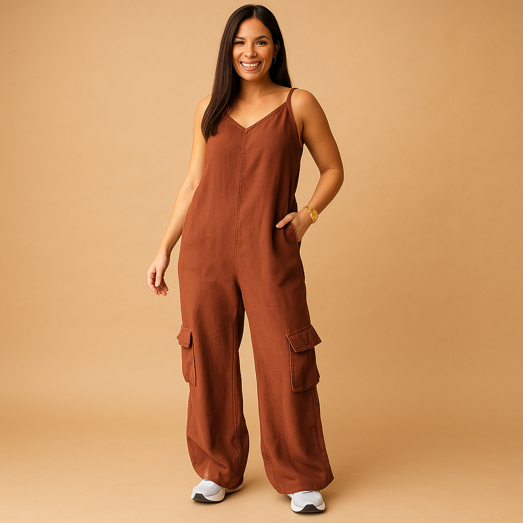 Women’s denim V-neck jumpsuit with open back and crisscross straps, high-waisted fit in breathable 100% cotton, available in multiple colors.