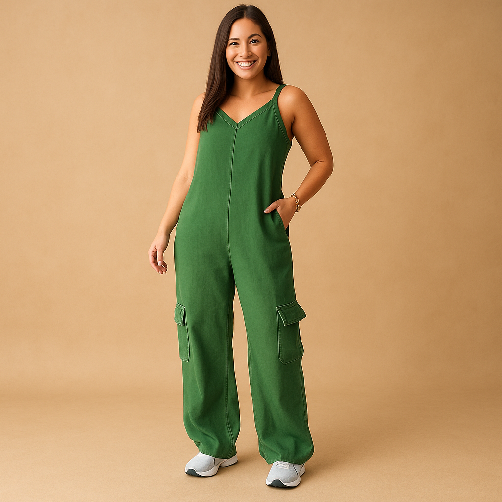 Women’s denim V-neck jumpsuit with open back and crisscross straps, high-waisted fit in breathable 100% cotton, available in multiple colors.