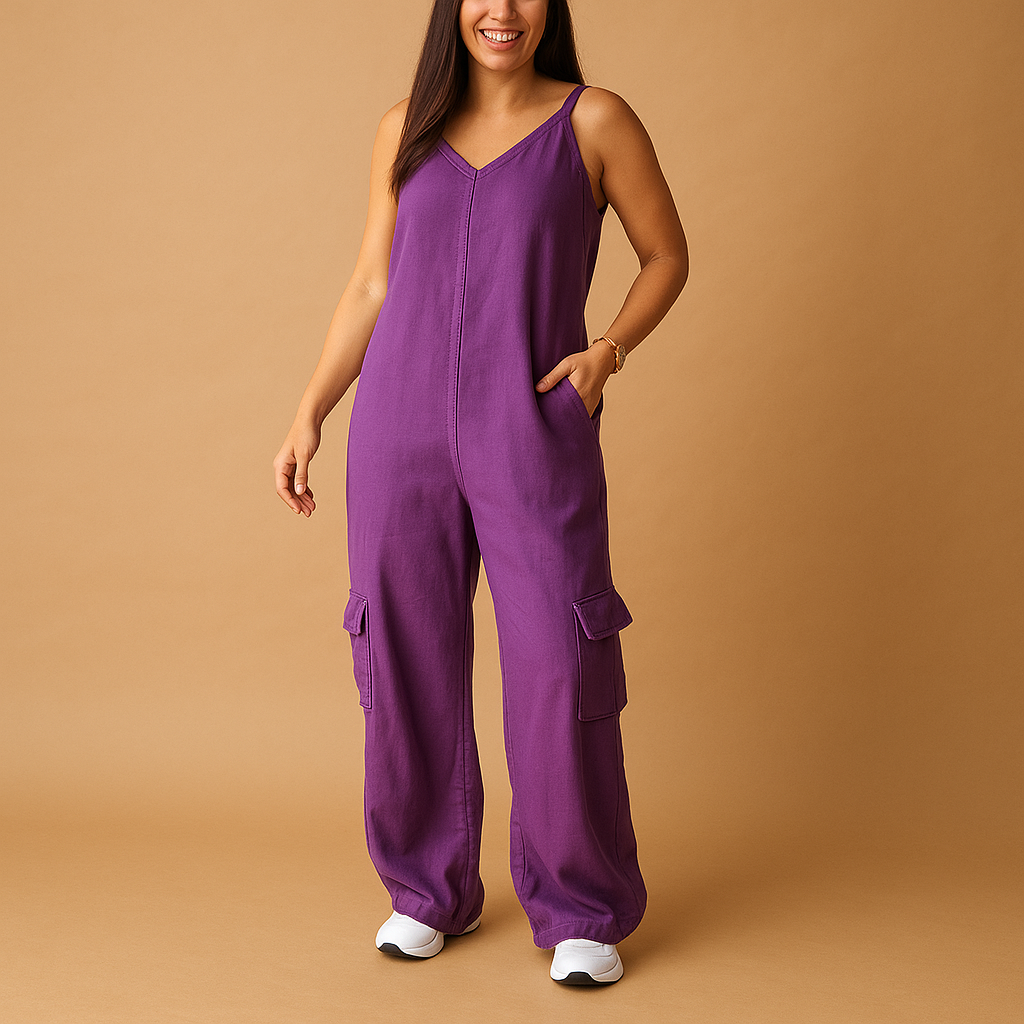 Women’s denim V-neck jumpsuit with open back and crisscross straps, high-waisted fit in breathable 100% cotton, available in multiple colors.