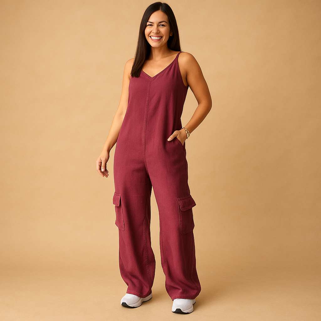 Women’s denim V-neck jumpsuit with open back and crisscross straps, high-waisted fit in breathable 100% cotton, available in multiple colors.