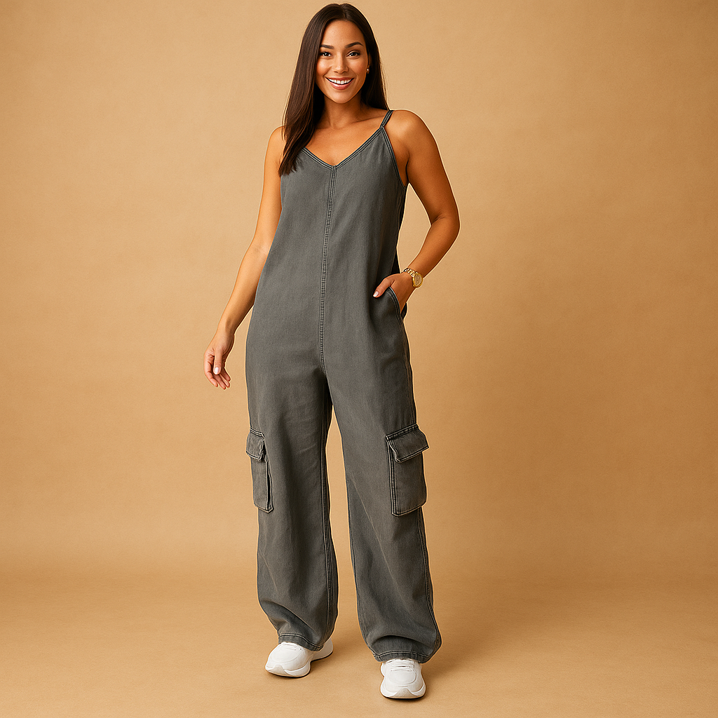 Women’s denim V-neck jumpsuit with open back and crisscross straps, high-waisted fit in breathable 100% cotton, available in multiple colors.