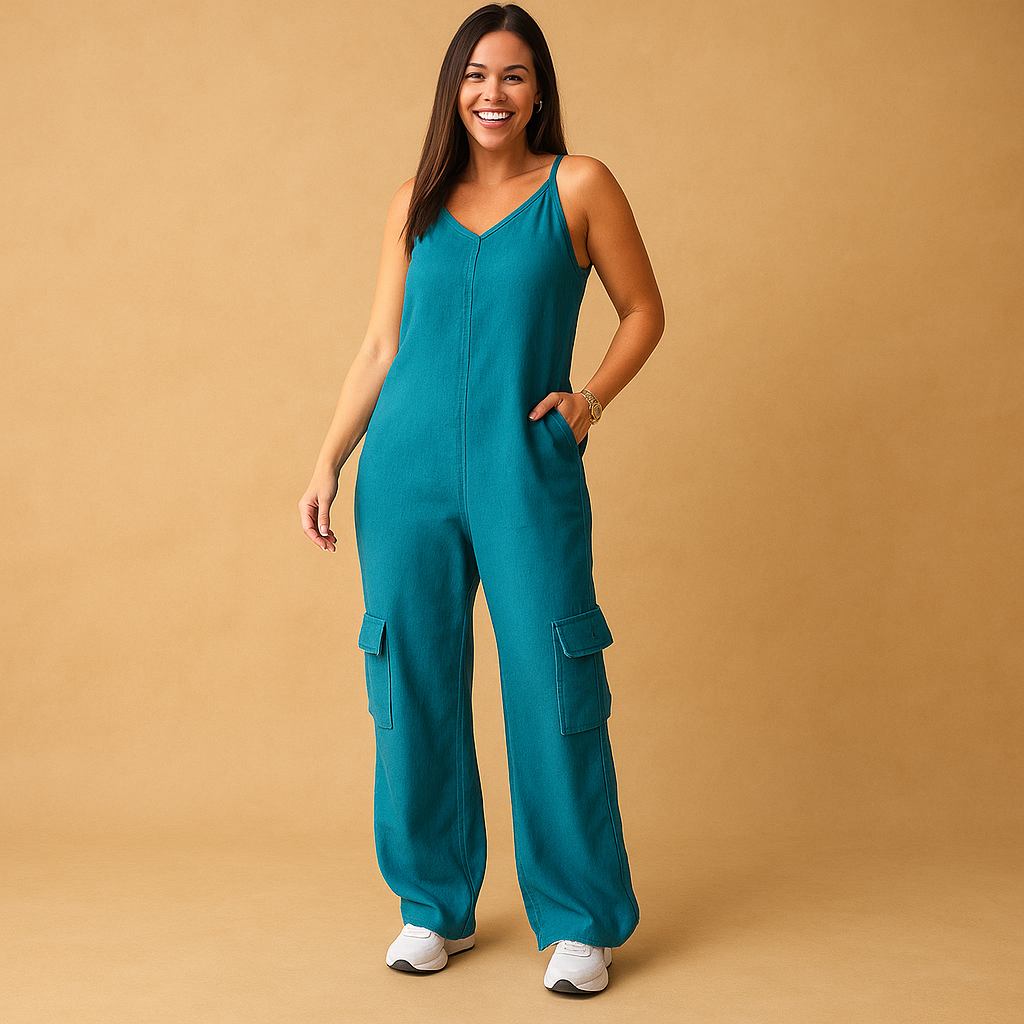 Women’s denim V-neck jumpsuit with open back and crisscross straps, high-waisted fit in breathable 100% cotton, available in multiple colors.