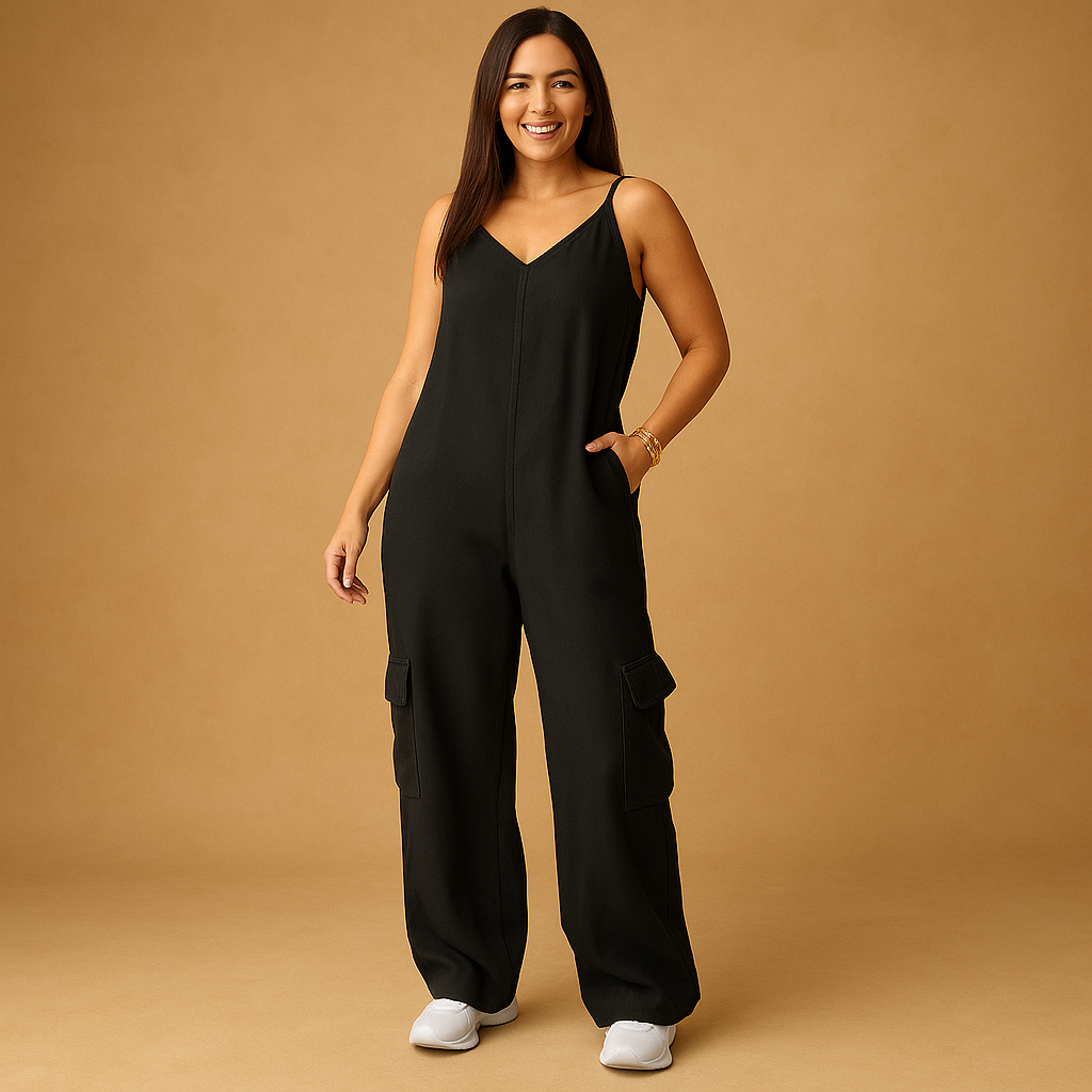 Women’s denim V-neck jumpsuit with open back and crisscross straps, high-waisted fit in breathable 100% cotton, available in multiple colors.