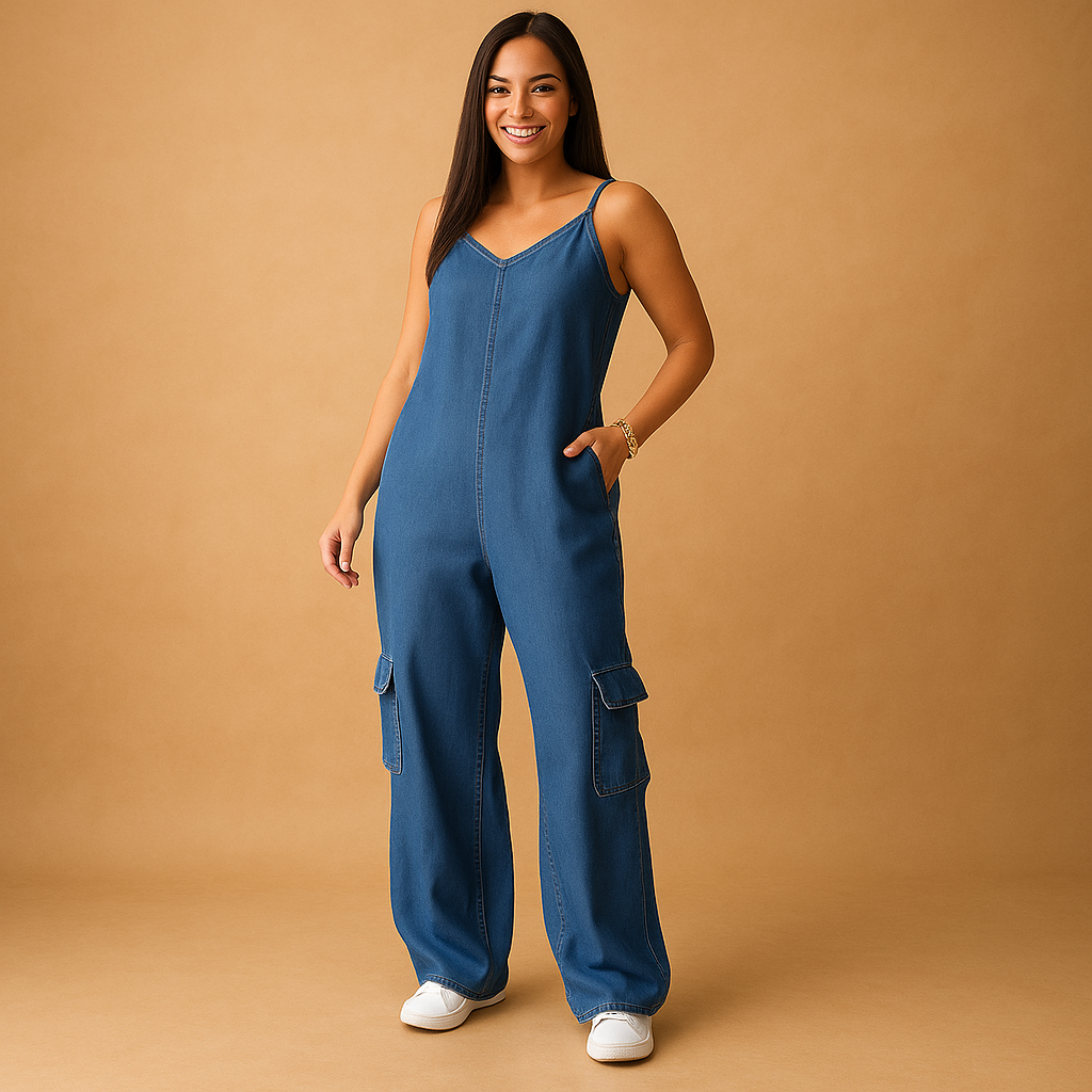 Women’s denim V-neck jumpsuit with open back and crisscross straps, high-waisted fit in breathable 100% cotton, available in multiple colors.