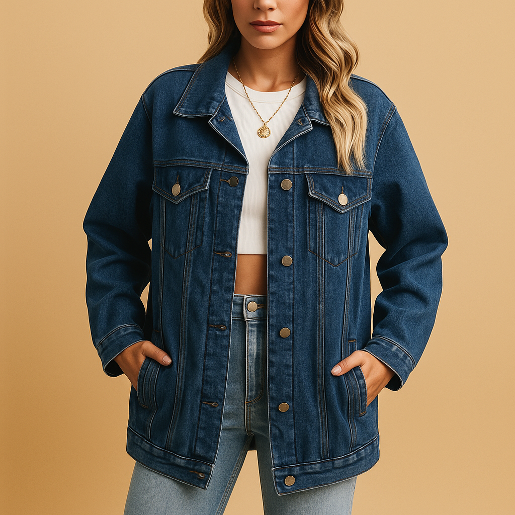 Denim winter jacket for women with slim fit, button closure, and warm lining in classic denim blue, perfect for casual wear or festive occasions.