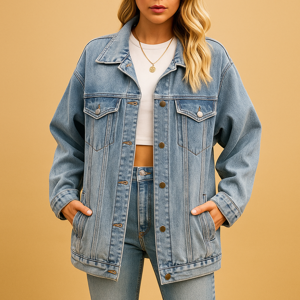 Denim winter jacket for women with slim fit, button closure, and warm lining in classic denim blue, perfect for casual wear or festive occasions.
