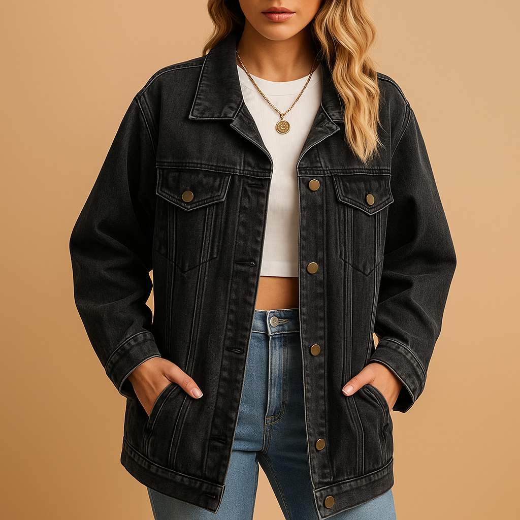 Denim winter jacket for women with slim fit, button closure, and warm lining in classic denim blue, perfect for casual wear or festive occasions.