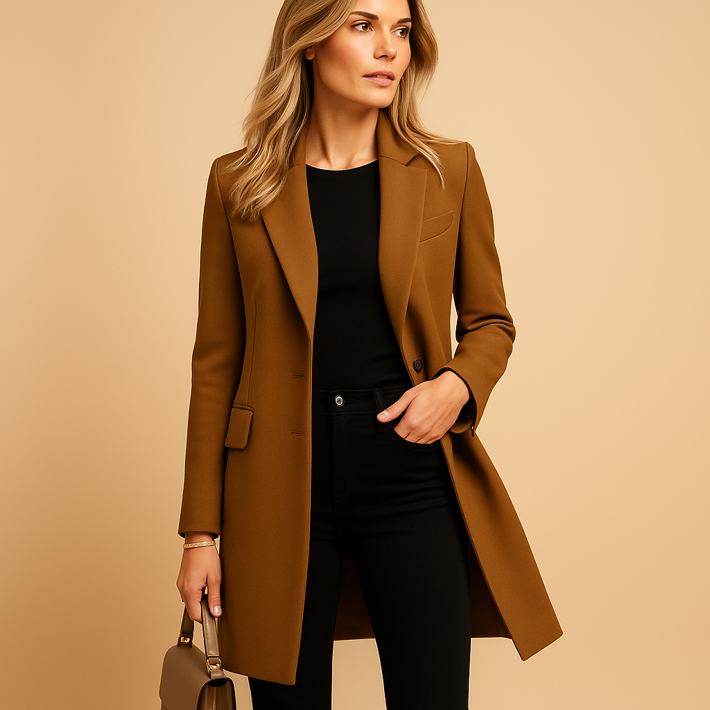 Elegant double-breasted trench coat for women with tailored fit, classic details, and versatile style for work, formal occasions, and everyday wear.