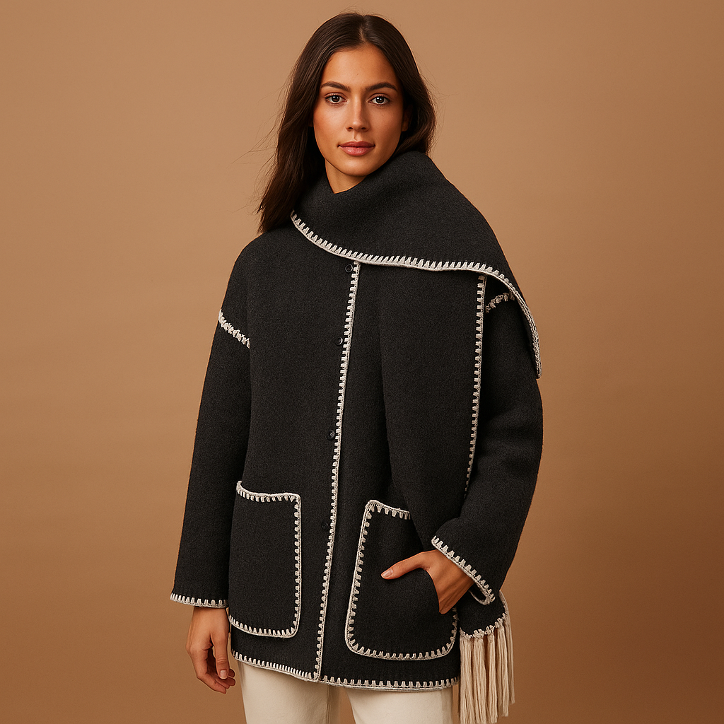 Elegant belted winter coat for women with warm lining, waist belt, and removable scarf, available in neutral tones for stylish winter looks.