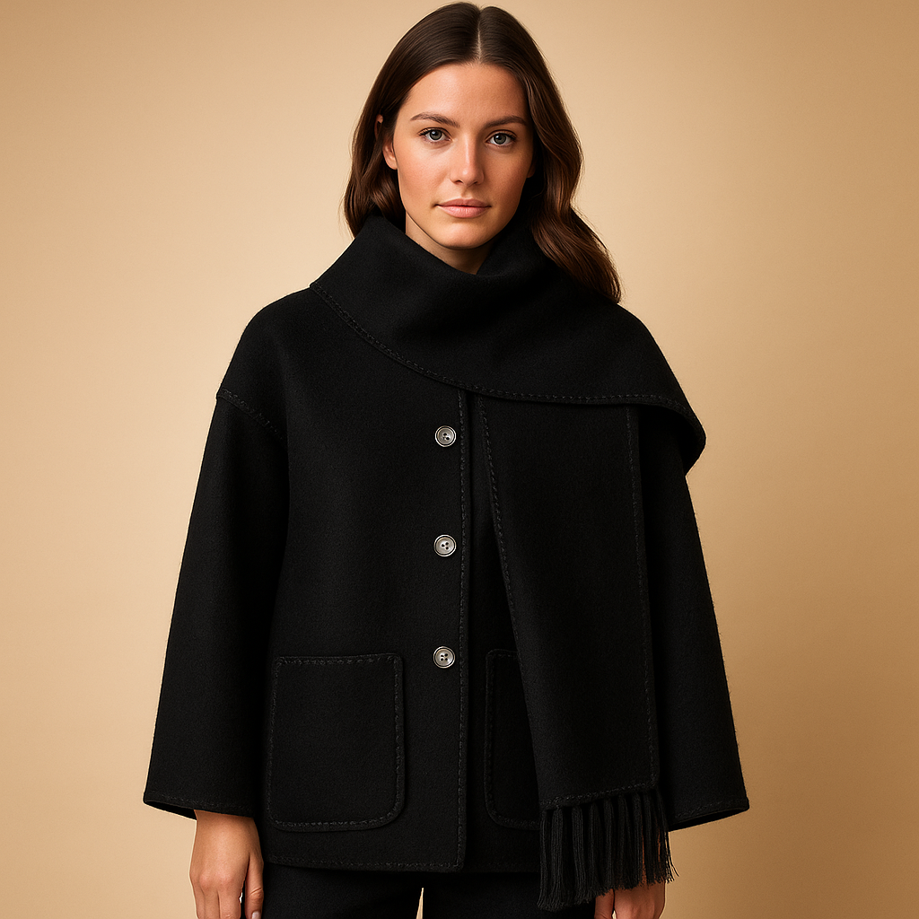 Elegant belted winter coat for women with warm lining, waist belt, and removable scarf, available in neutral tones for stylish winter looks.