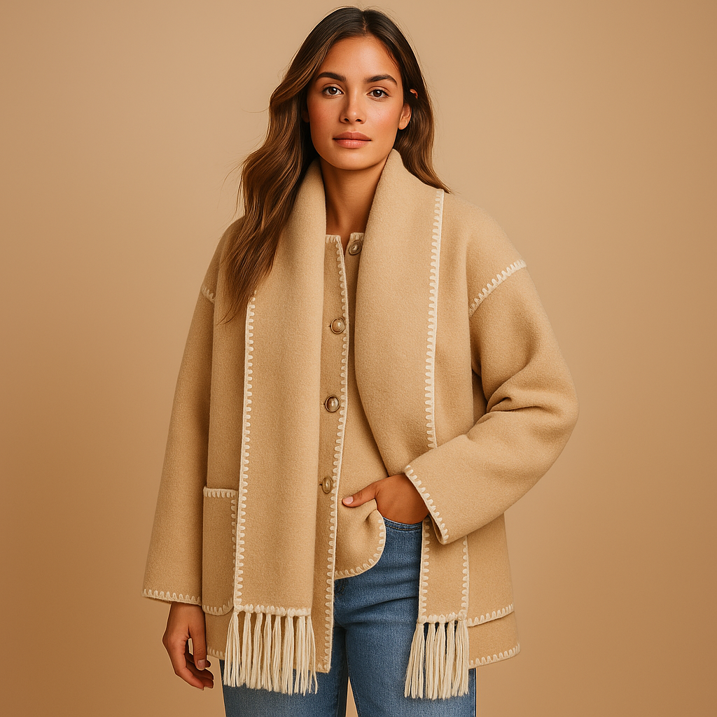 Elegant belted winter coat for women with warm lining, waist belt, and removable scarf, available in neutral tones for stylish winter looks.