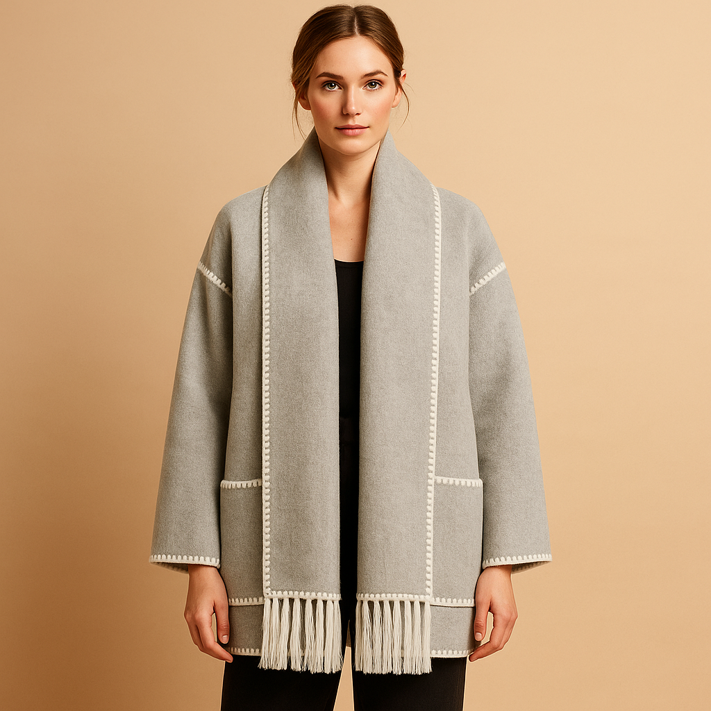 Elegant belted winter coat for women with warm lining, waist belt, and removable scarf, available in neutral tones for stylish winter looks.