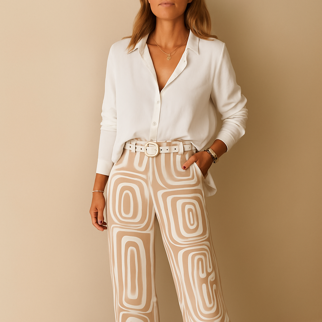 Elegant long-sleeve blouse and pants set for women in soft, durable fabric, perfect for work, evenings, or casual days.