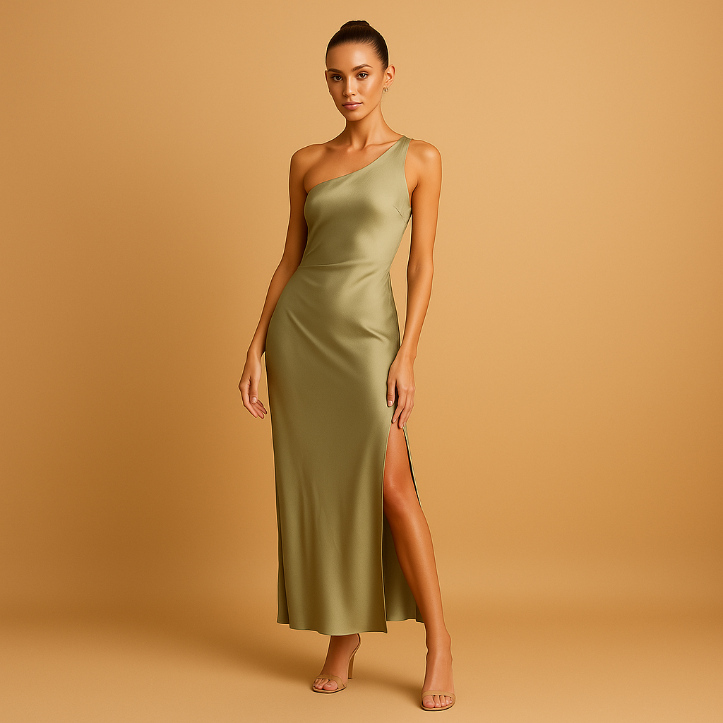 Women’s elegant evening dress with asymmetrical slit, slim fit, and stretchable fabric. Perfect for galas, formal dinners, parties, and special occasions.