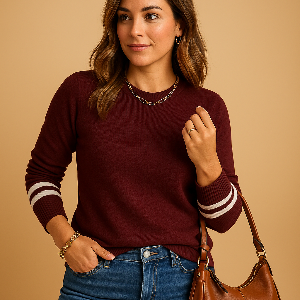Women’s elegant knit sweater with bold striped sleeves, perfect for stylish layered outfits in transitional seasons.