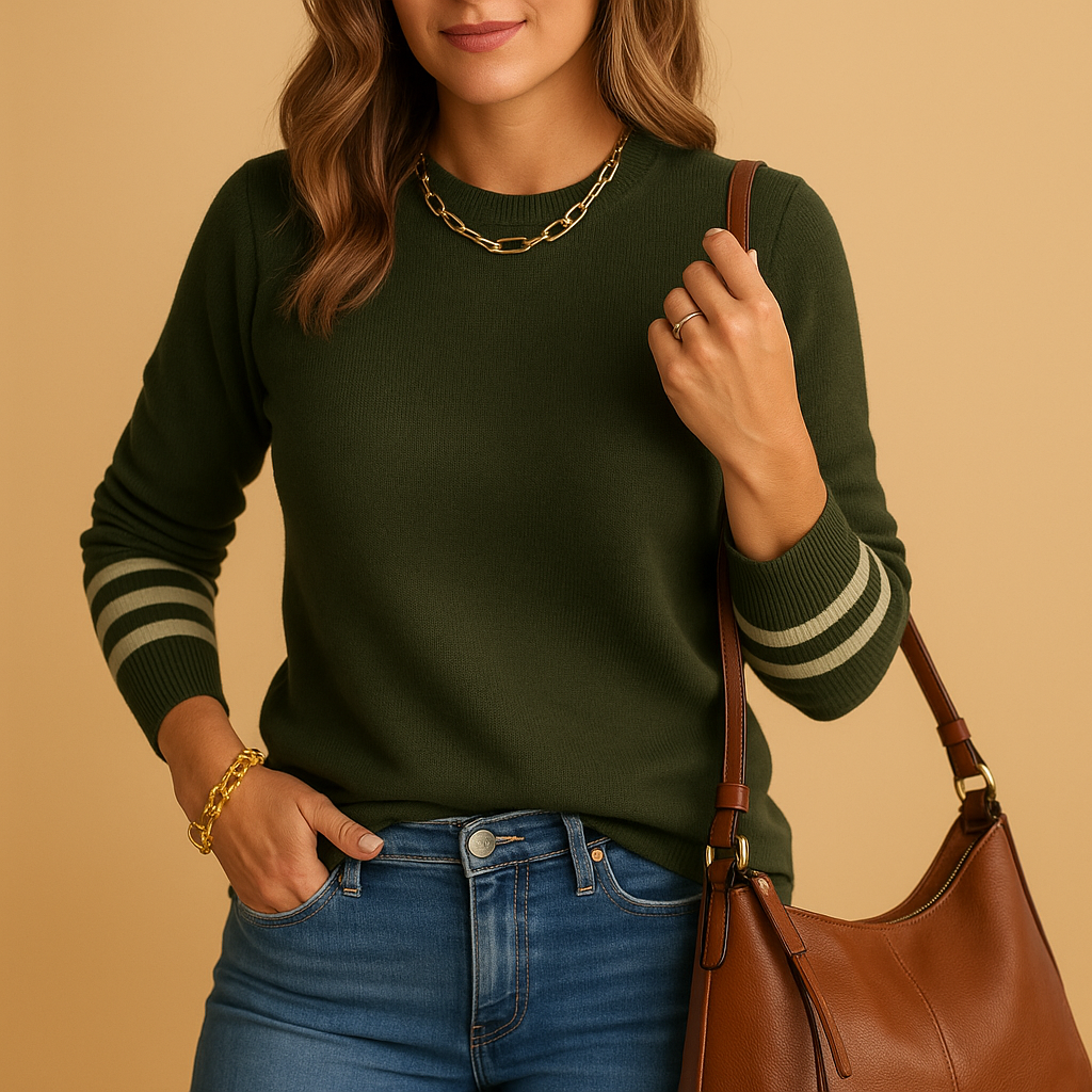 Women’s elegant knit sweater with bold striped sleeves, perfect for stylish layered outfits in transitional seasons.