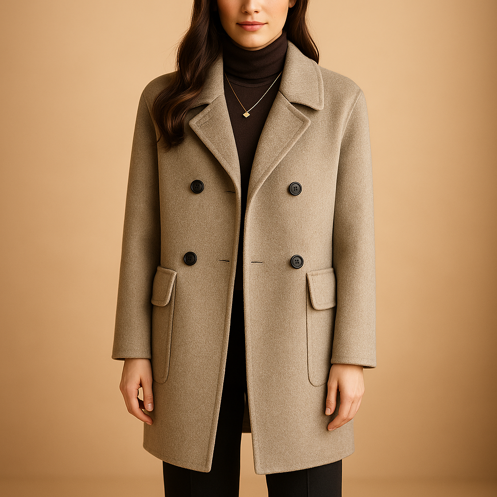 Women’s elegant long coat in premium fabric with minimalist design, ideal for spring, autumn, and winter outfits.