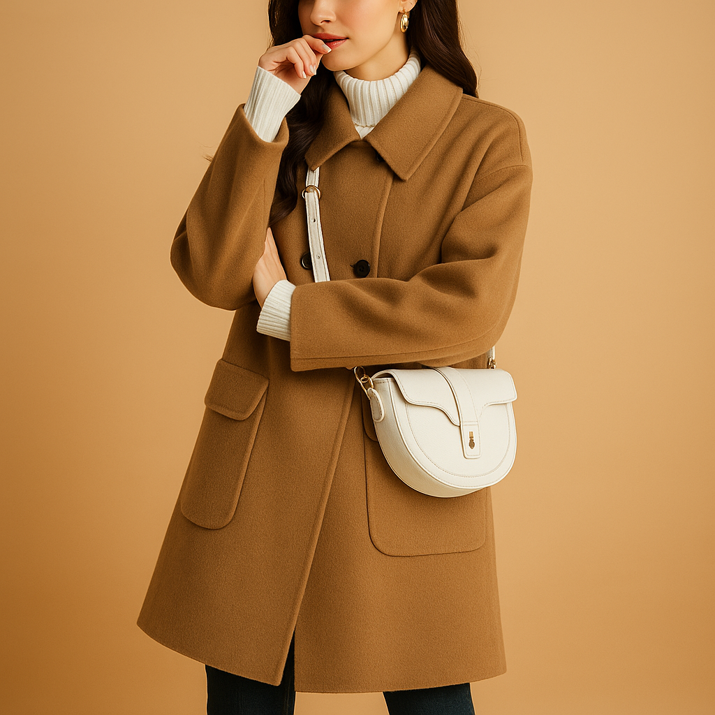 Women’s elegant long coat in premium fabric with minimalist design, ideal for spring, autumn, and winter outfits.