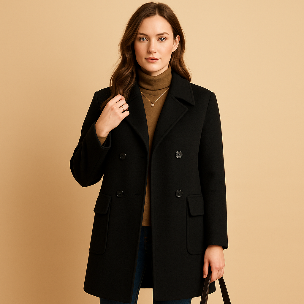Women’s elegant long coat in premium fabric with minimalist design, ideal for spring, autumn, and winter outfits.