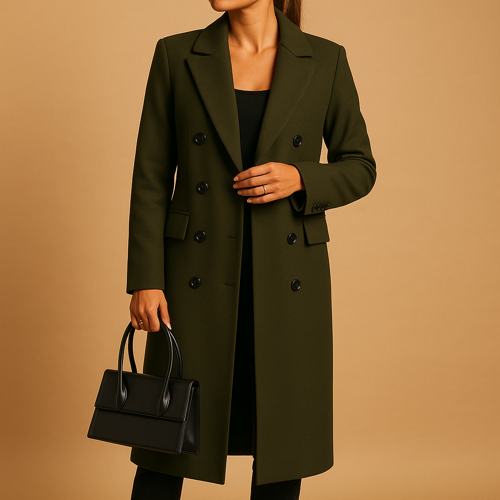 Stylish long winter coat for women with soft lining and tailored fit, available in pink, beige, grey, black, army green, and brown.